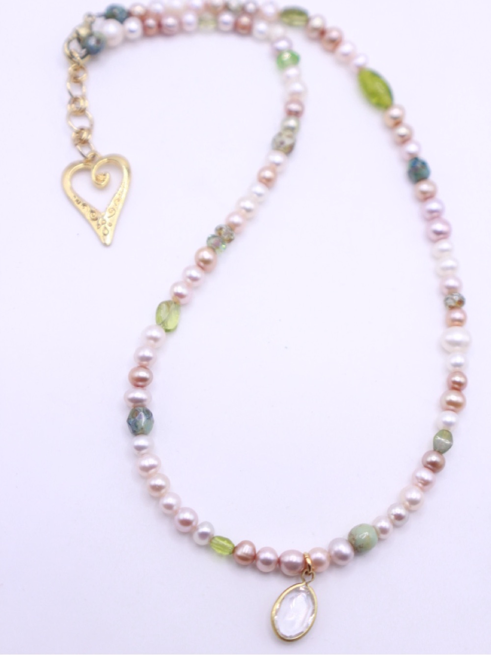 Genuine Pearl & Green Bead and Stone Necklace with Pendant 20”